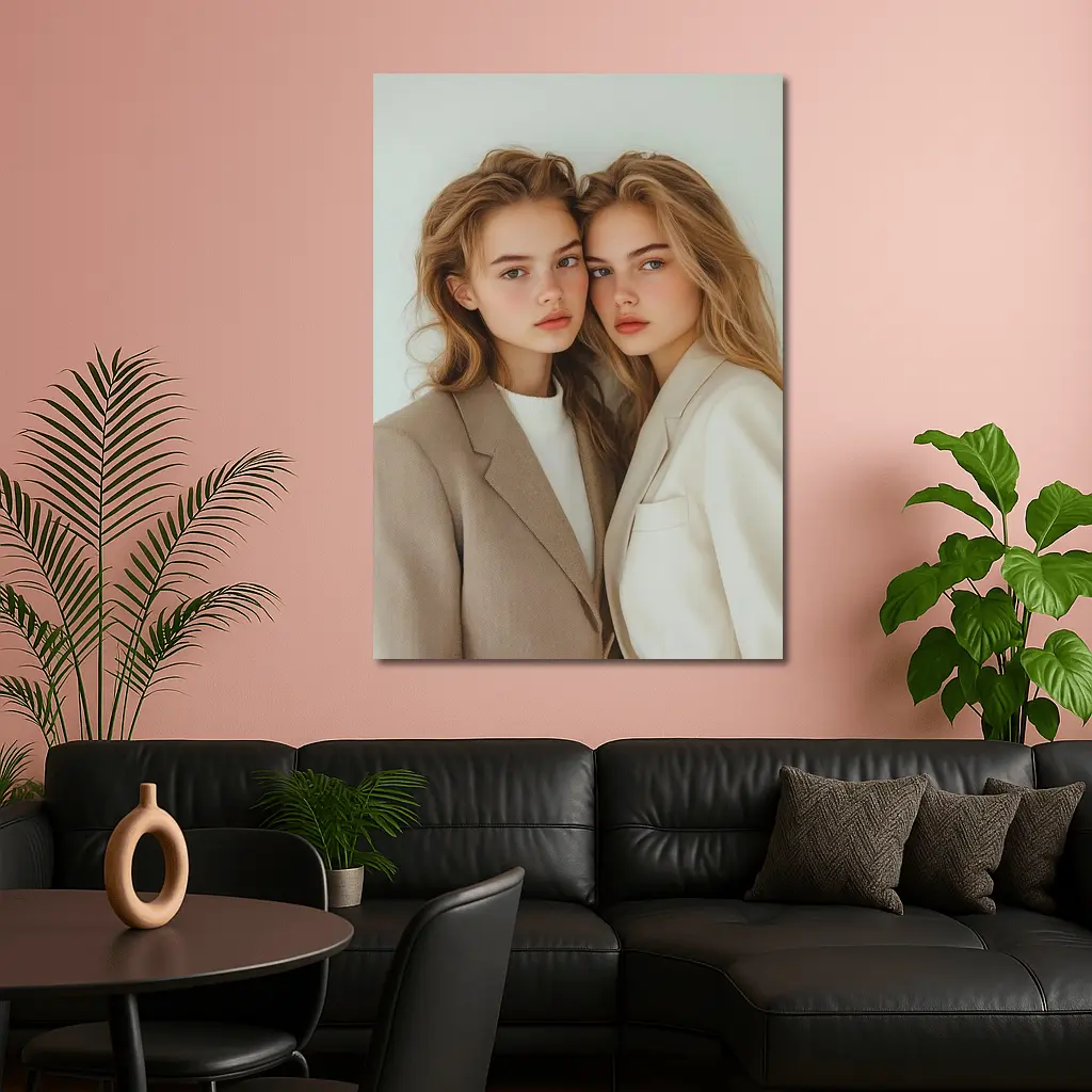 Two Young Women Beige Blazers White Background – Wall Art