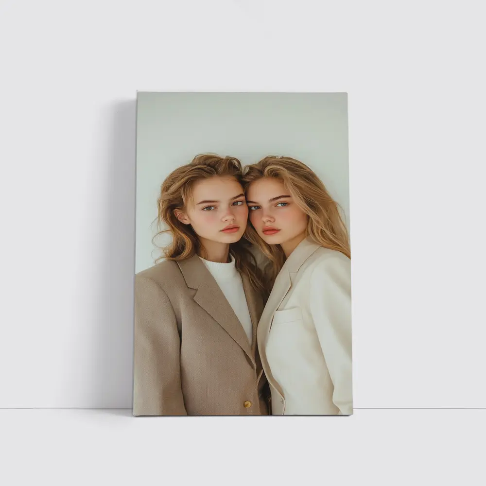 Two Young Women Beige Blazers White Background – Wall Art