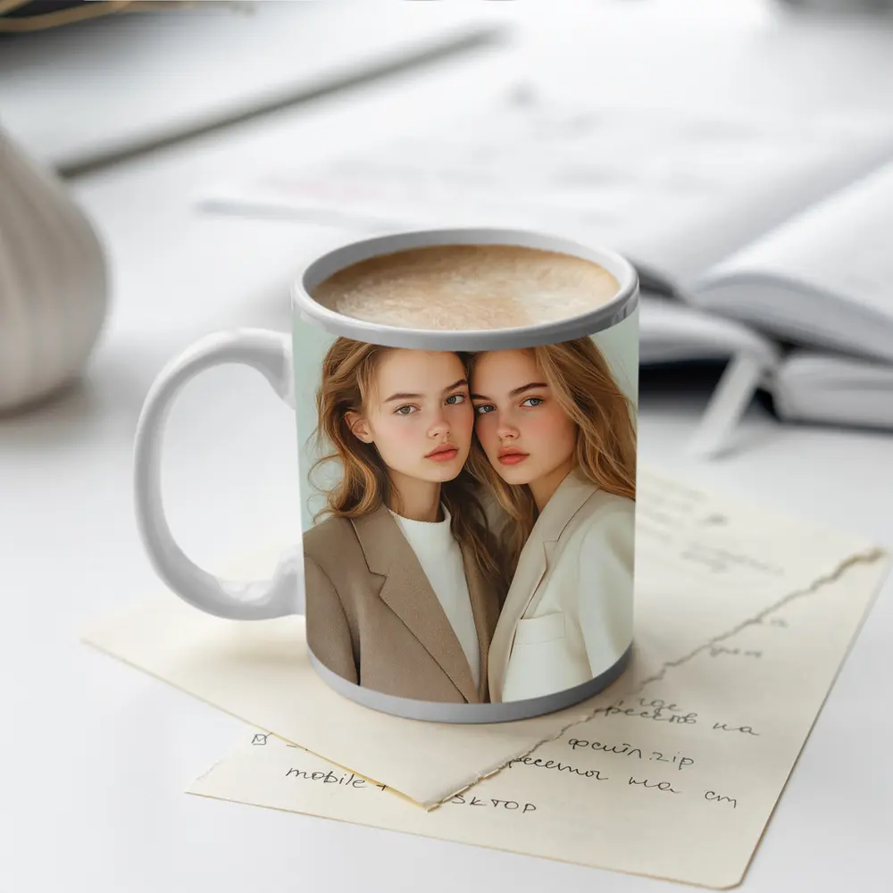 Two Young Women Beige Blazers White Background – Mugs