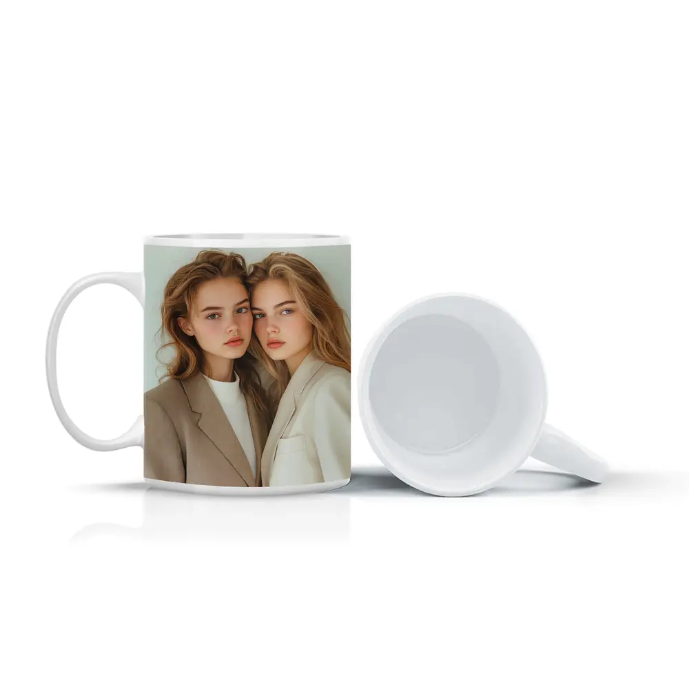 Two Young Women Beige Blazers White Background – Mugs