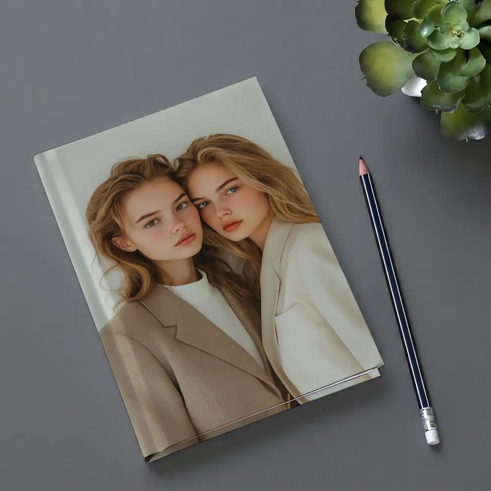 Two Young Women Beige Blazers White Background – Notebooks