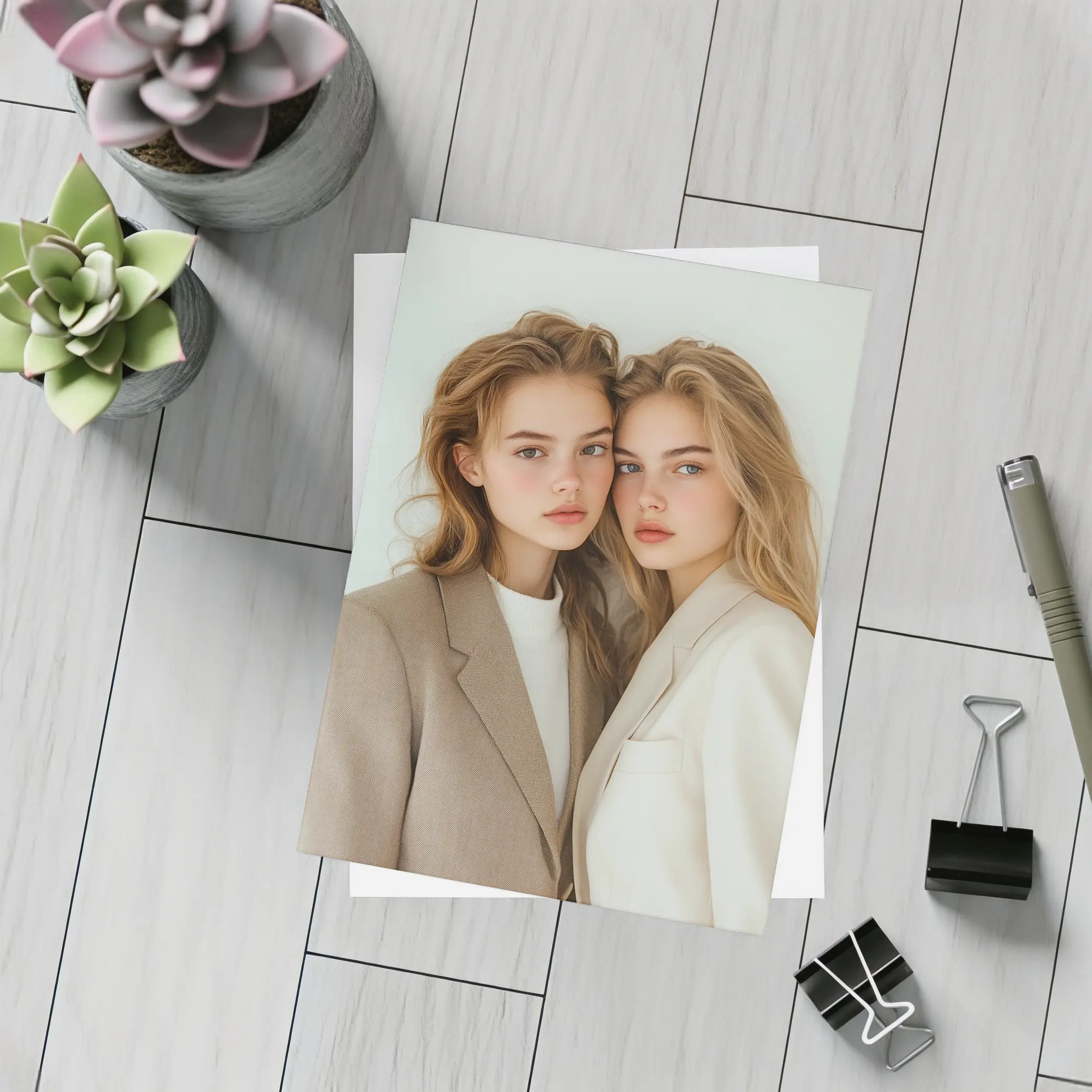 Two Young Women Beige Blazers White Background – Postcards