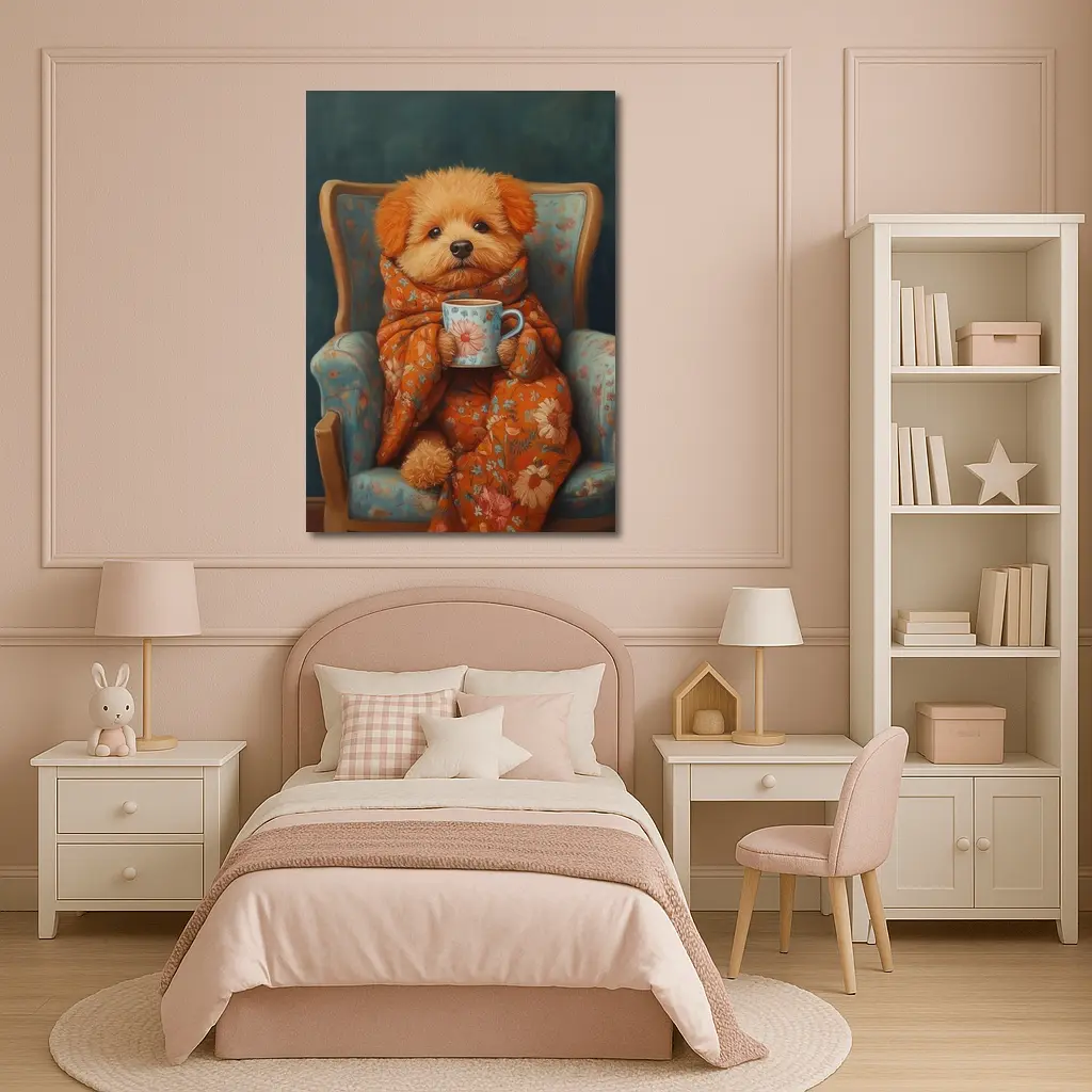 Fluffy Poodle Wrapped In Floral Blanket Chair – Wall Art