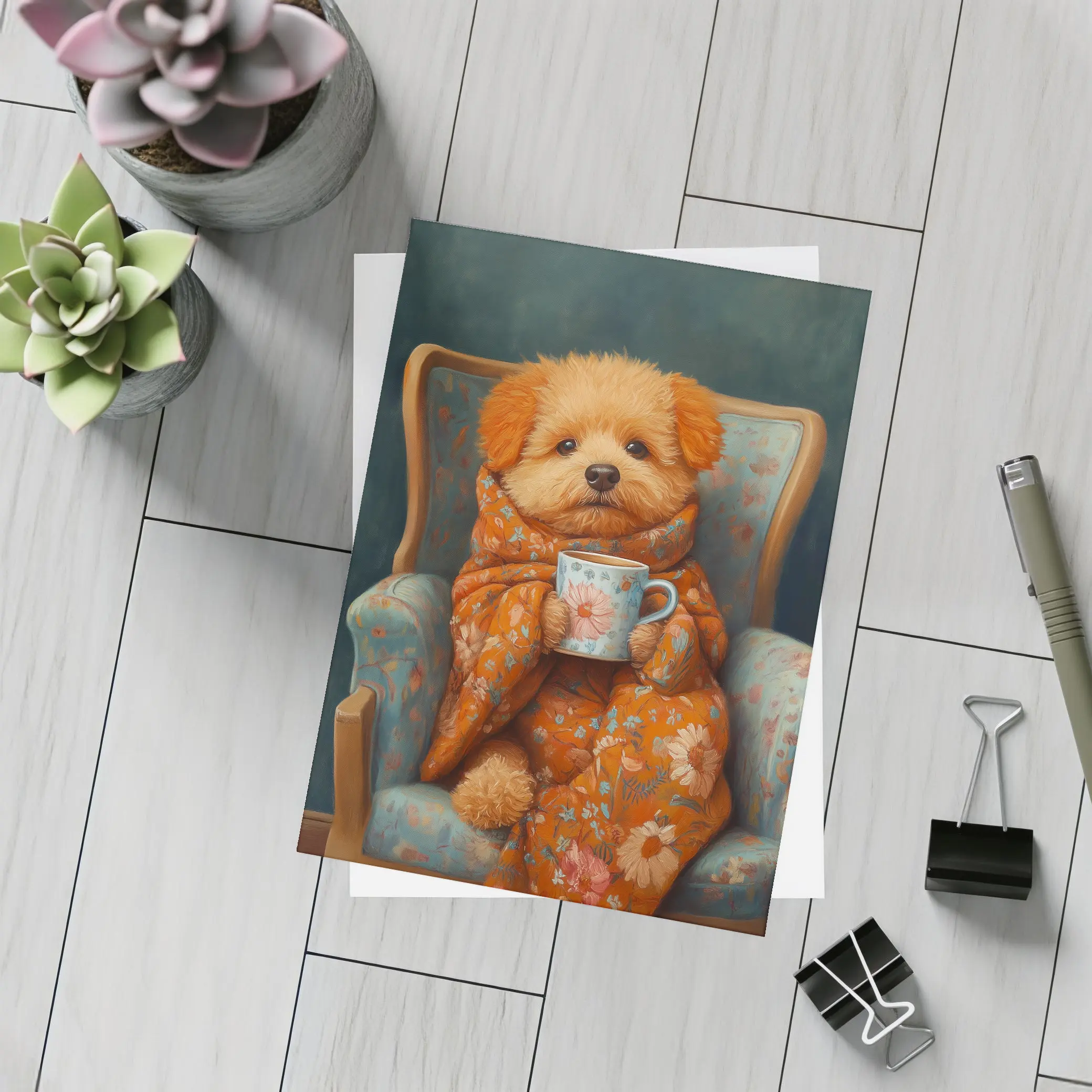 Fluffy Poodle Wrapped In Floral Blanket Chair – Postcards