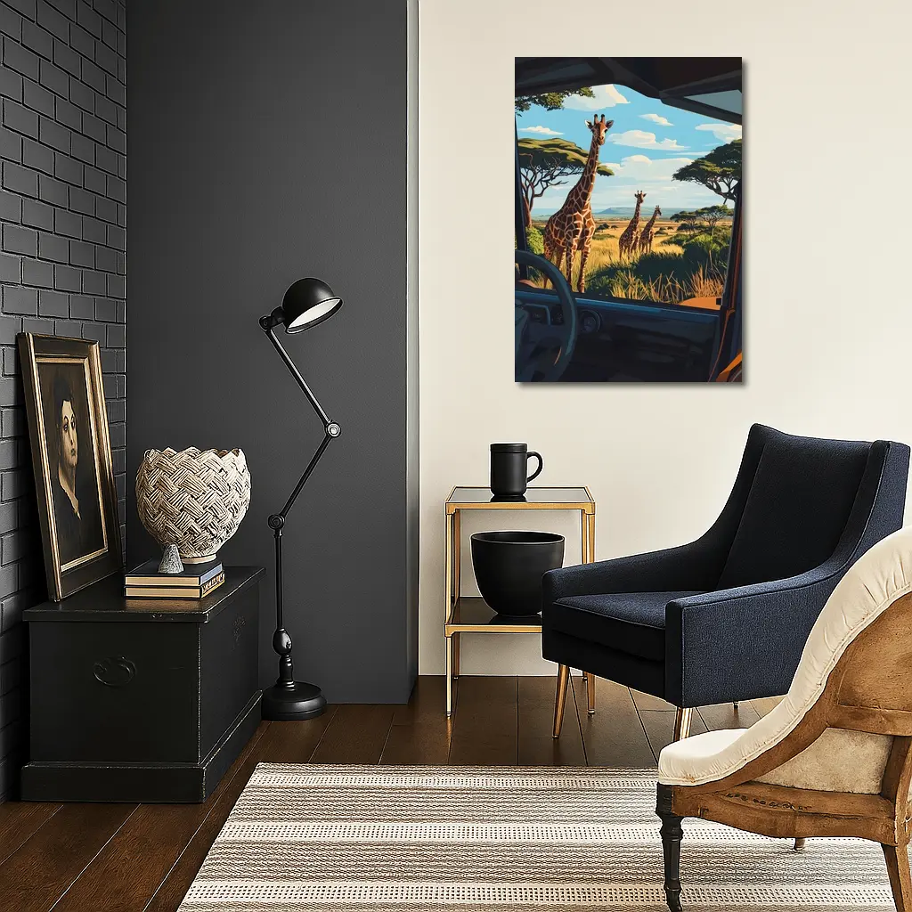 Giraffes Safari Savanna View From Jeep – Wall Art
