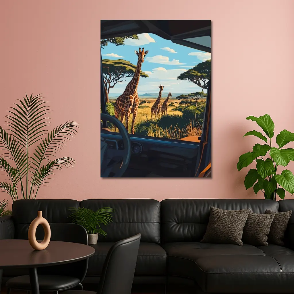 Giraffes Safari Savanna View From Jeep – Wall Art