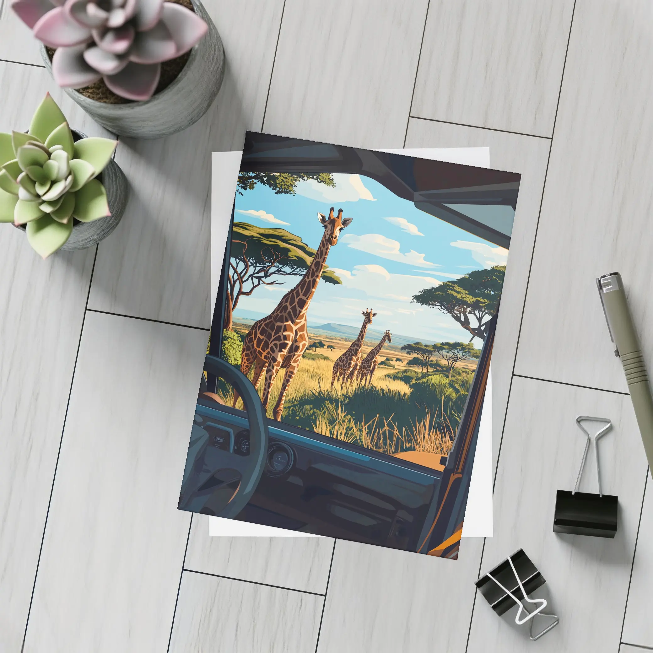 Giraffes Safari Savanna View From Jeep – Postcards