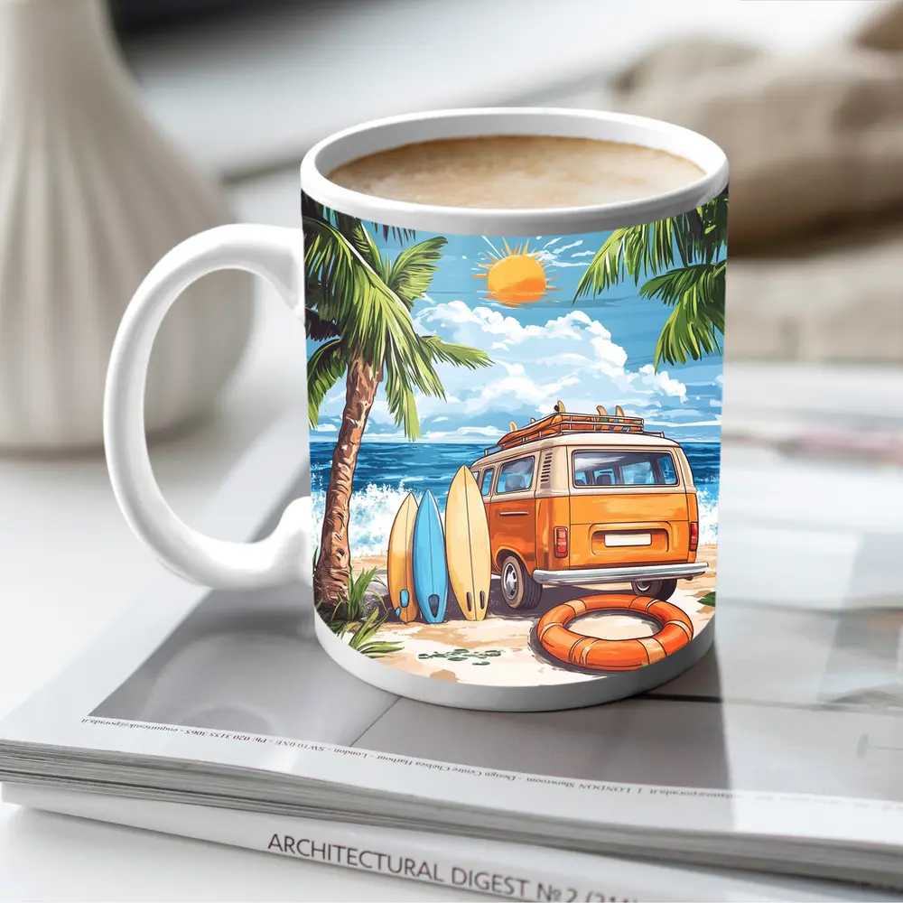 Retro Van Surfboards Tropical Beach Summer – Mugs