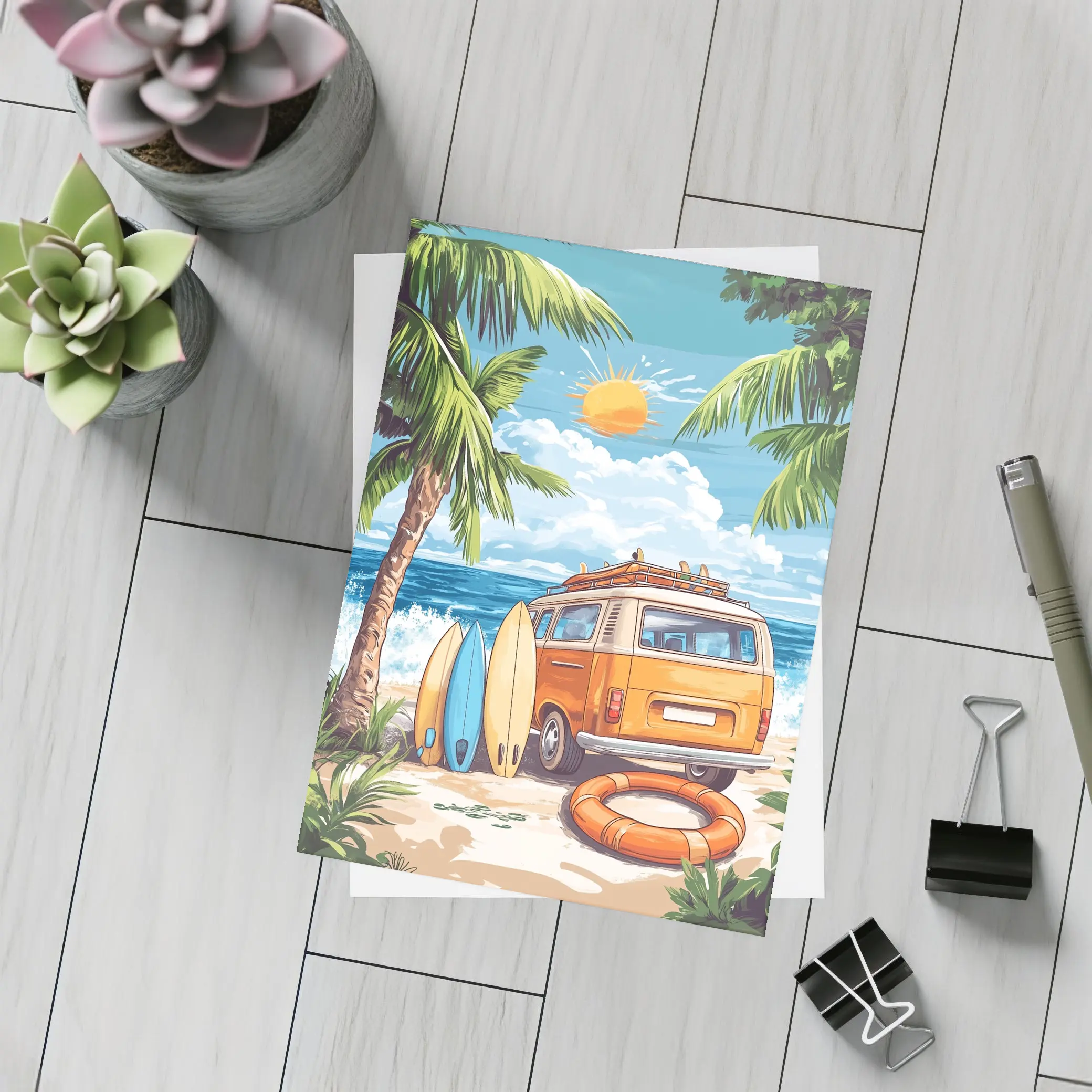 Retro Van Surfboards Tropical Beach Summer – Postcards