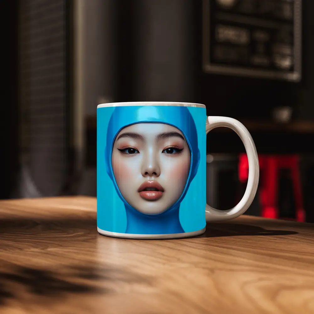 Asian Woman Blue Latex Hood Portrait – Mugs