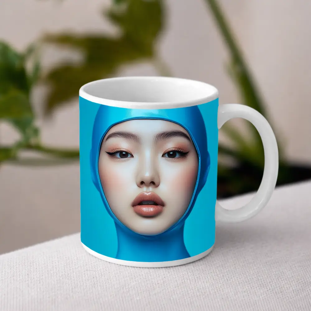 Asian Woman Blue Latex Hood Portrait – Mugs