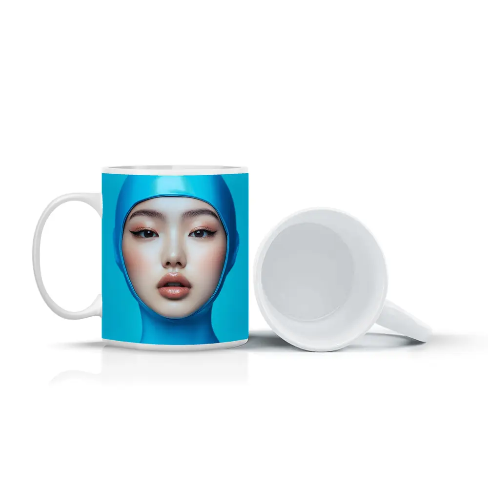 Asian Woman Blue Latex Hood Portrait – Mugs