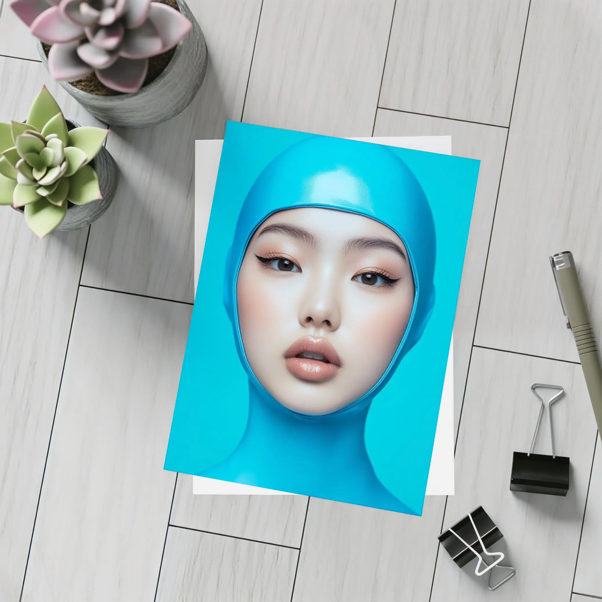 Asian Woman Blue Latex Hood Portrait – Postcards