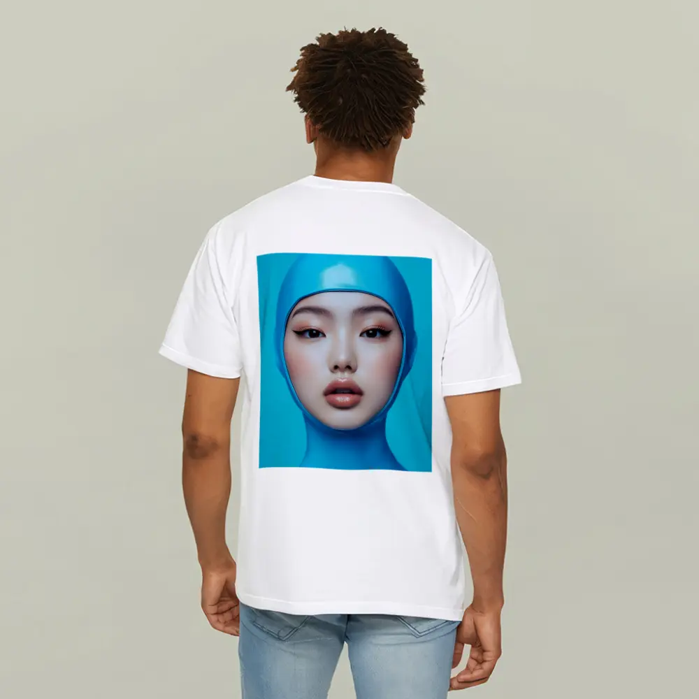 Asian Woman Blue Latex Hood Portrait – T-Shirts