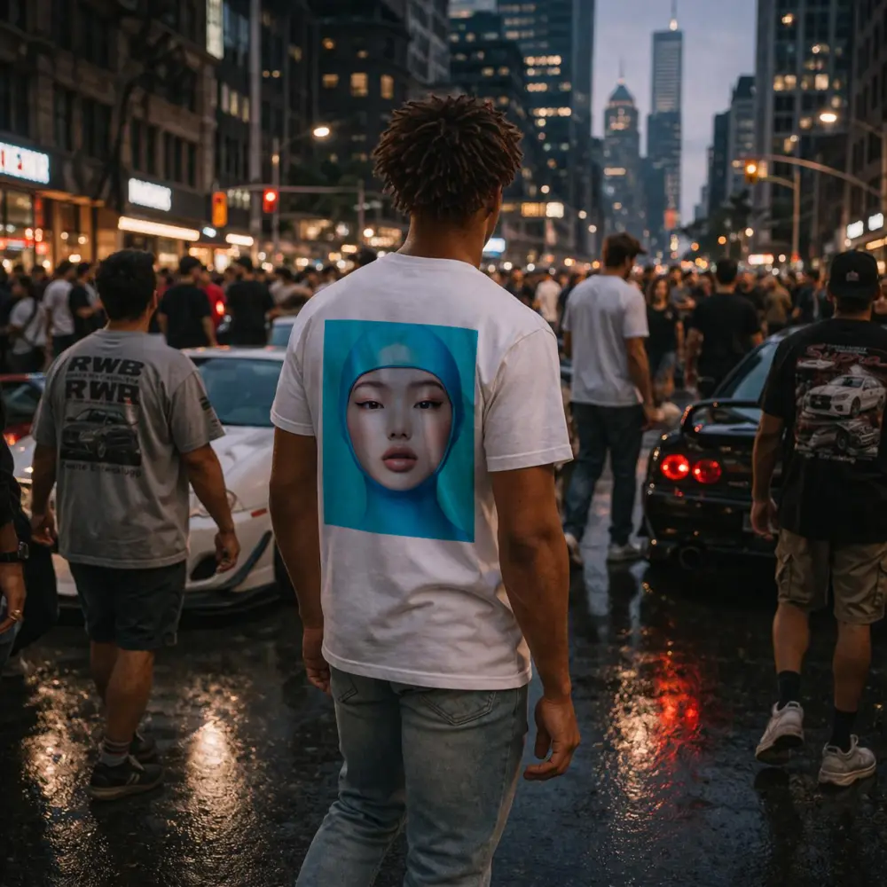 Asian Woman Blue Latex Hood Portrait – T-Shirts