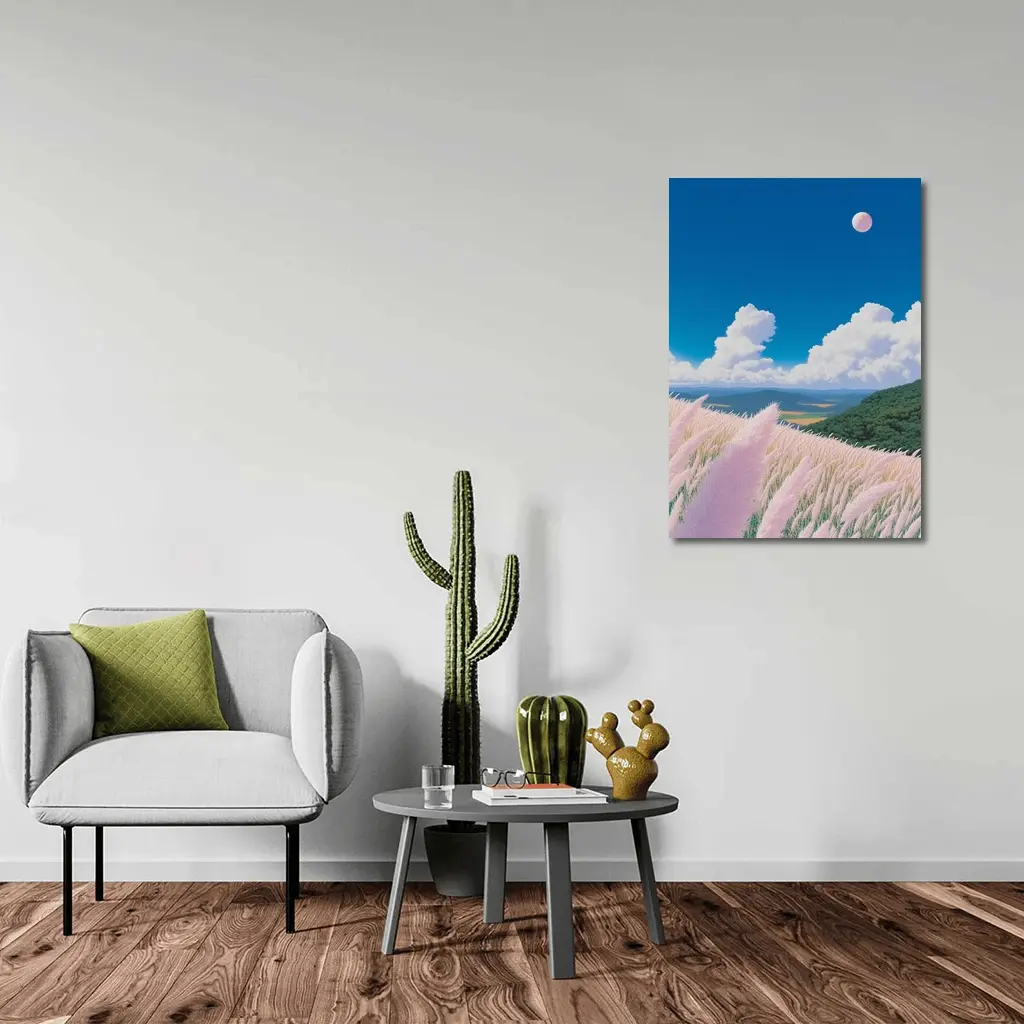 Anime Pink Grass Field Blue Sky – Wall Art