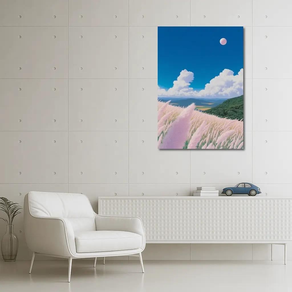 Anime Pink Grass Field Blue Sky – Wall Art