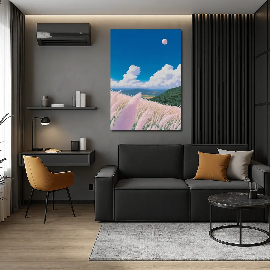 Anime Pink Grass Field Blue Sky – Wall Art
