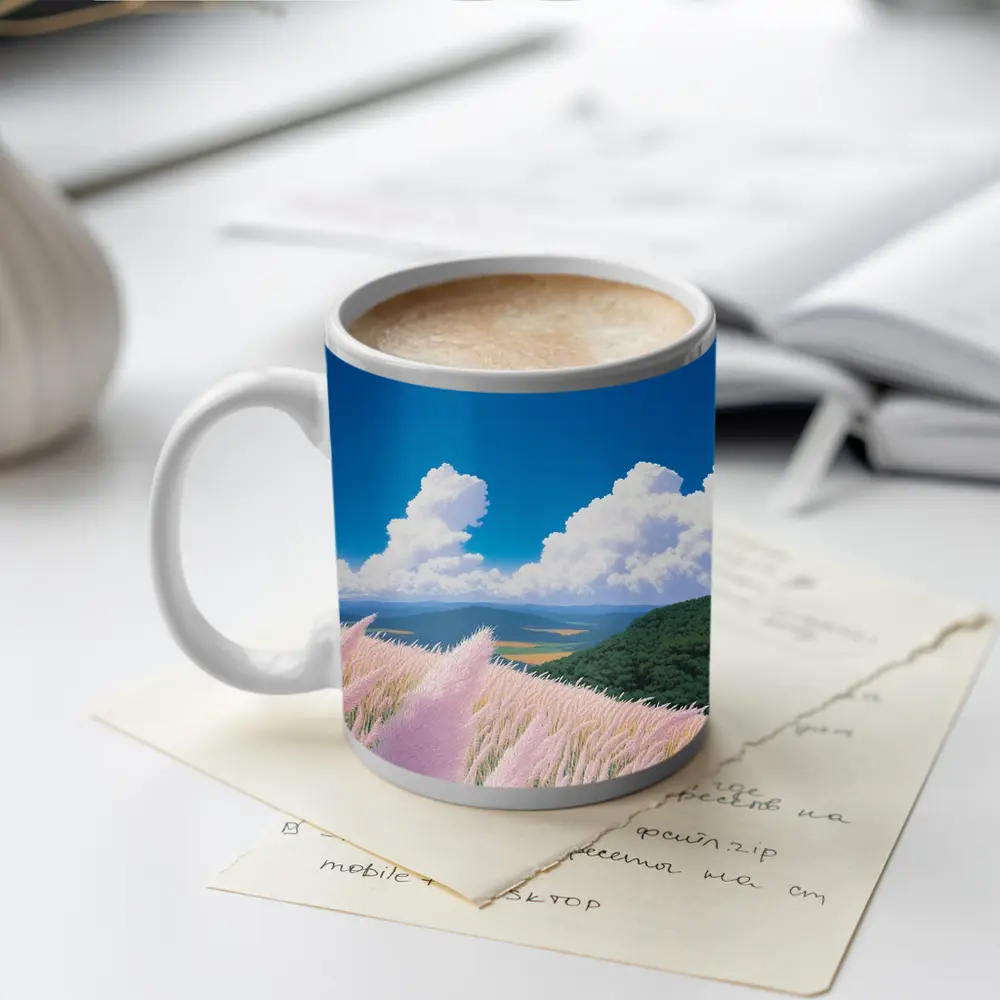 Anime Pink Grass Field Blue Sky – Mugs