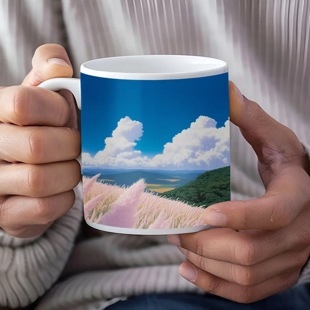 Anime Pink Grass Field Blue Sky – Mugs