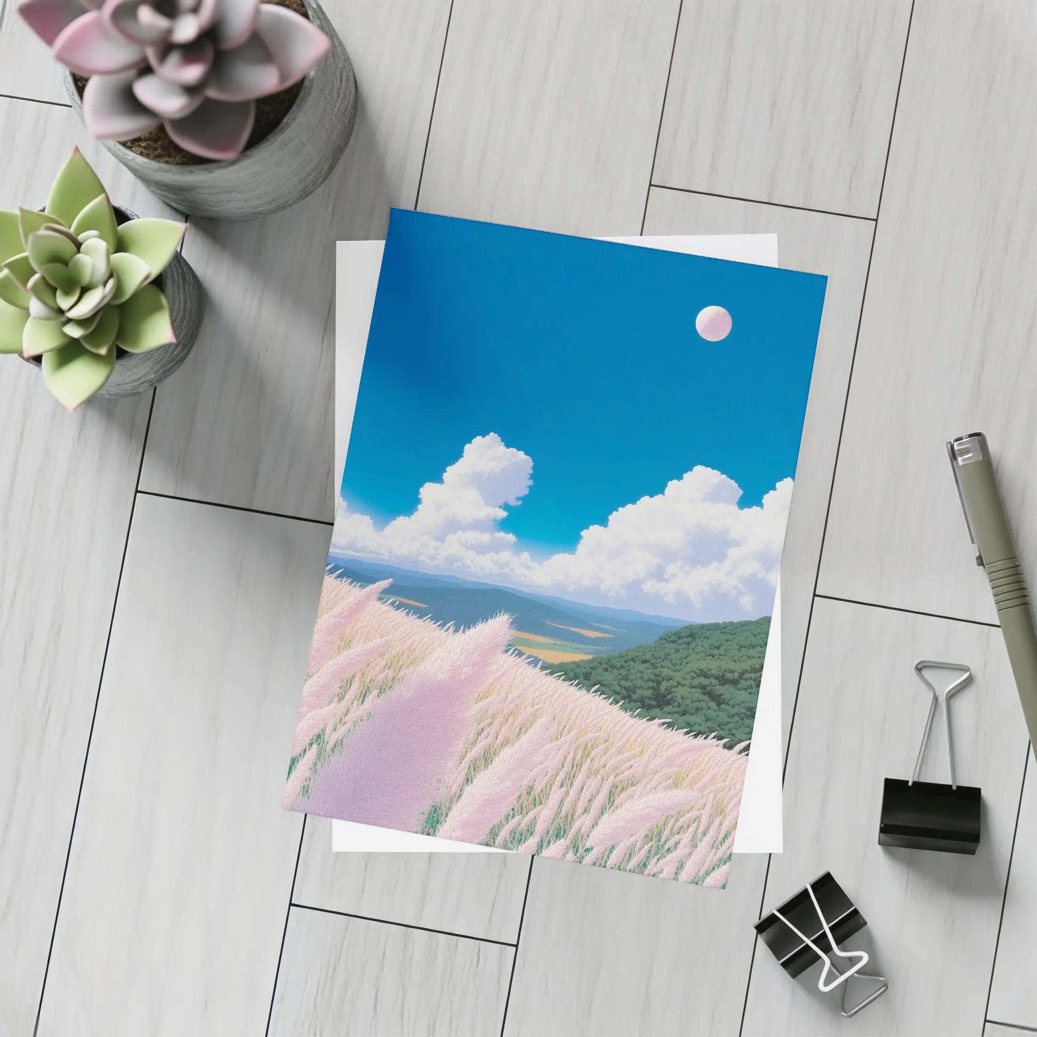 Anime Pink Grass Field Blue Sky – Postcards