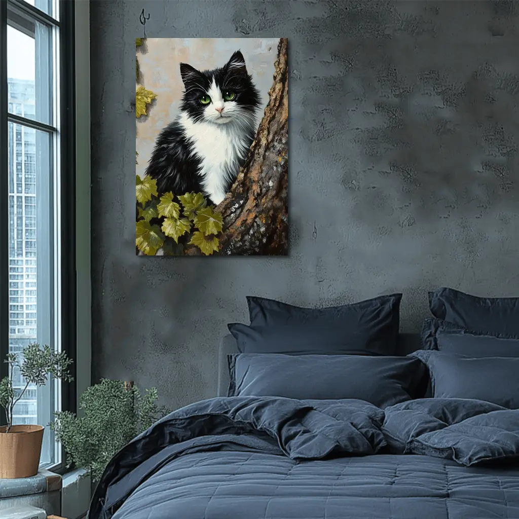 Black White Cat Green Eyes Tree Oil Painting – Wall Art