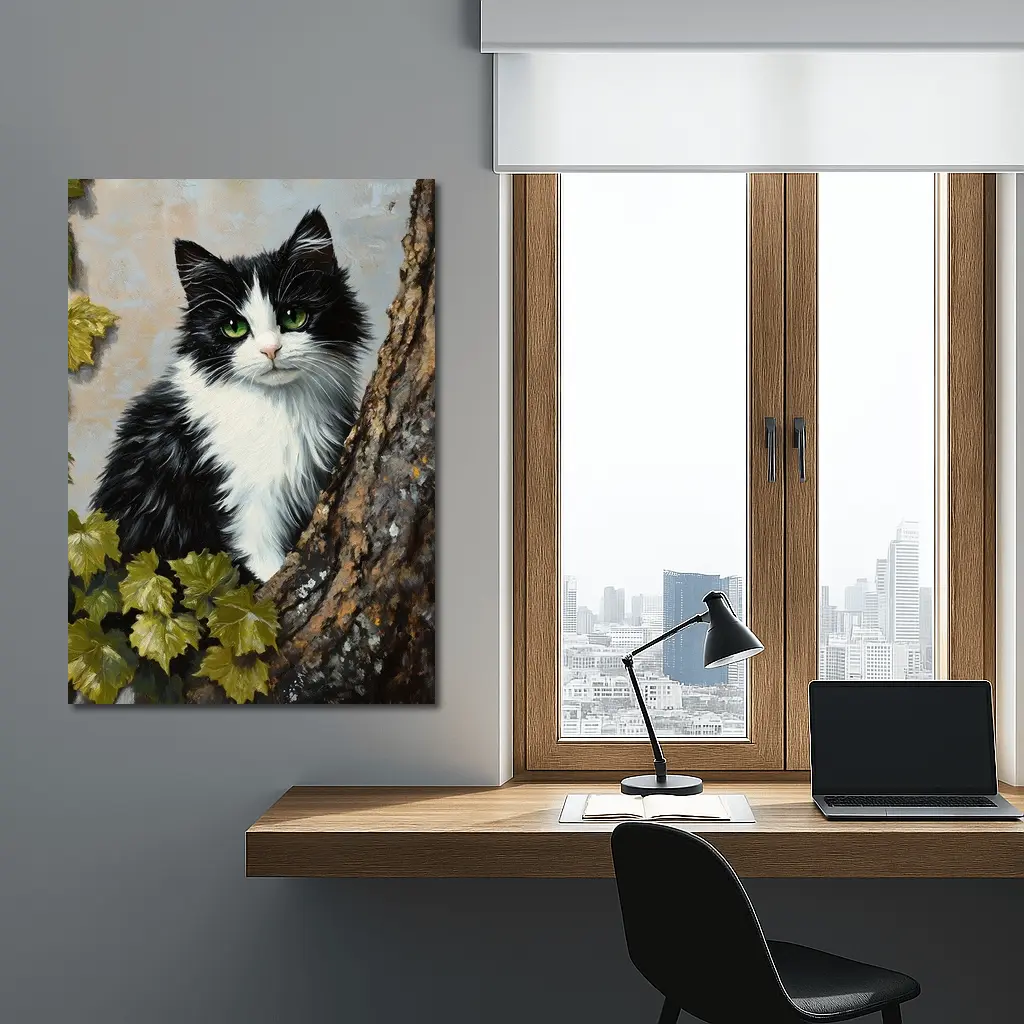 Black White Cat Green Eyes Tree Oil Painting – Wall Art