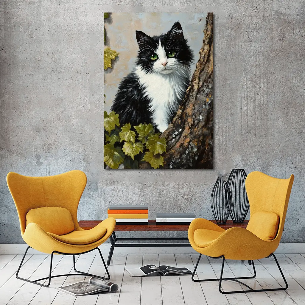 Black White Cat Green Eyes Tree Oil Painting – Wall Art