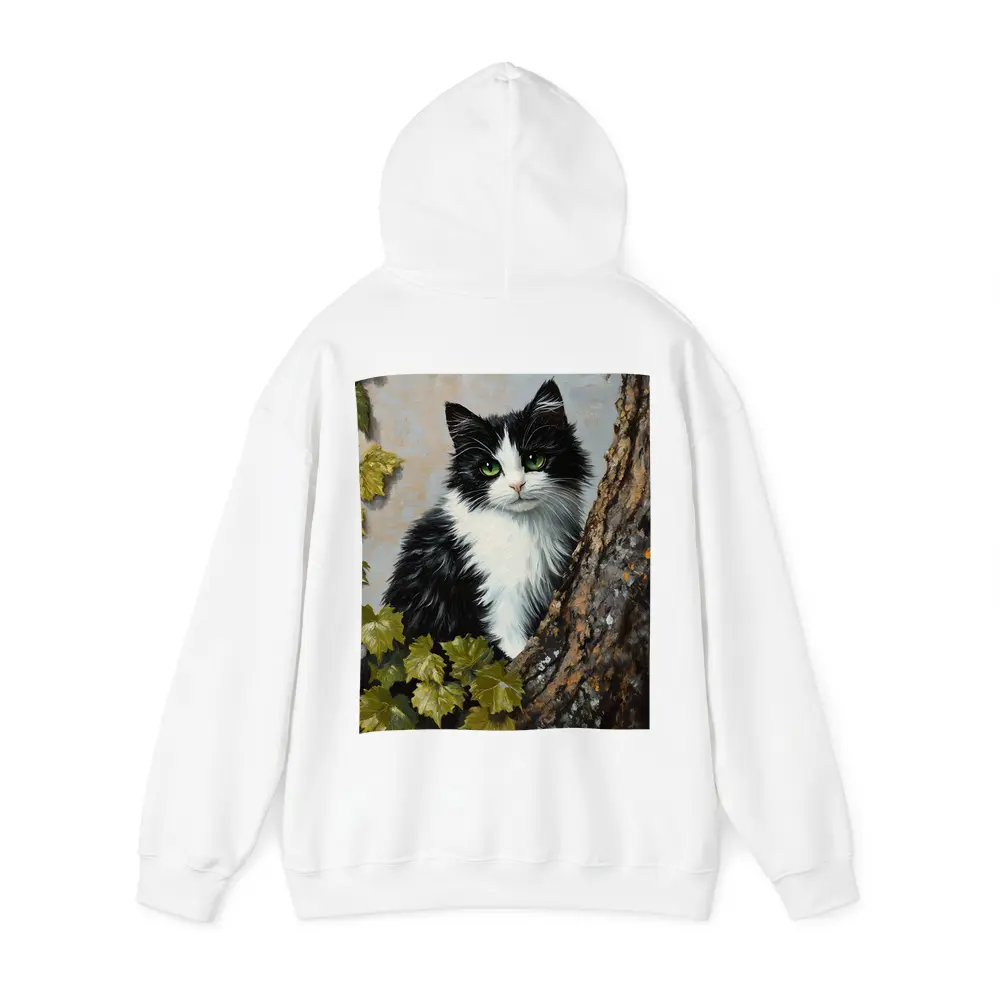 Black White Cat Green Eyes Tree Oil Painting – Hoodies