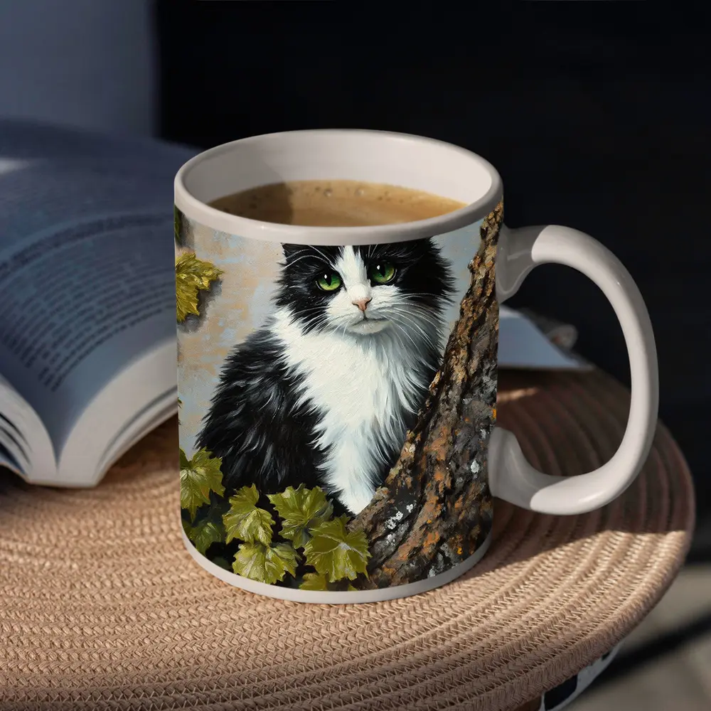Black White Cat Green Eyes Tree Oil Painting – Mugs