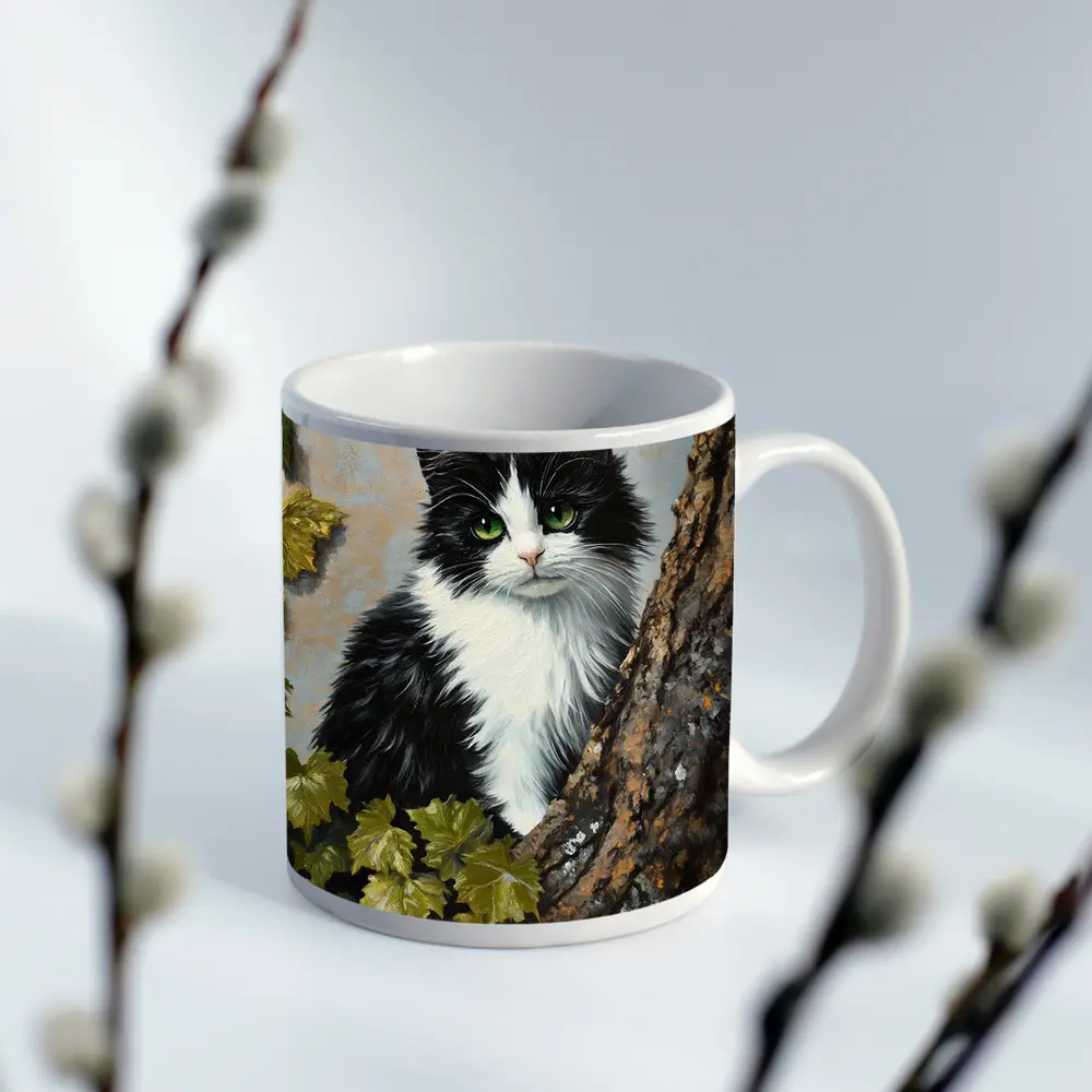 Black White Cat Green Eyes Tree Oil Painting – Mugs