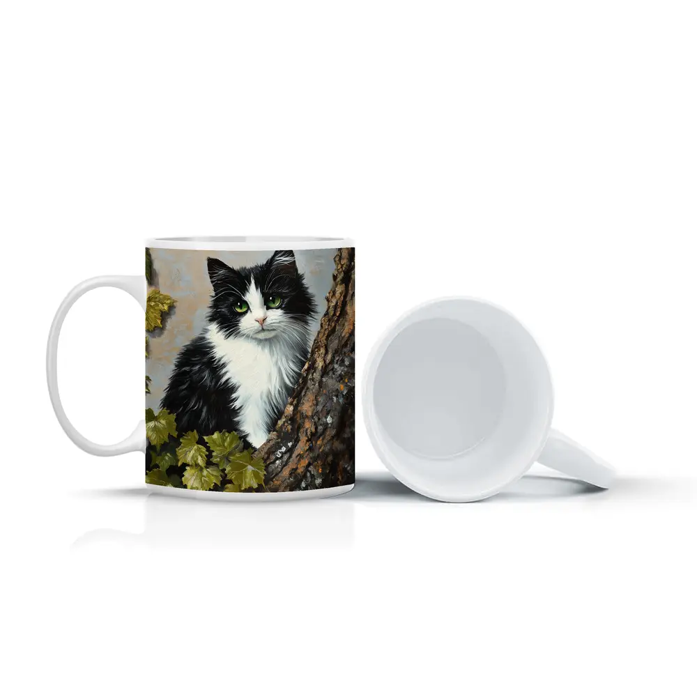 Black White Cat Green Eyes Tree Oil Painting – Mugs