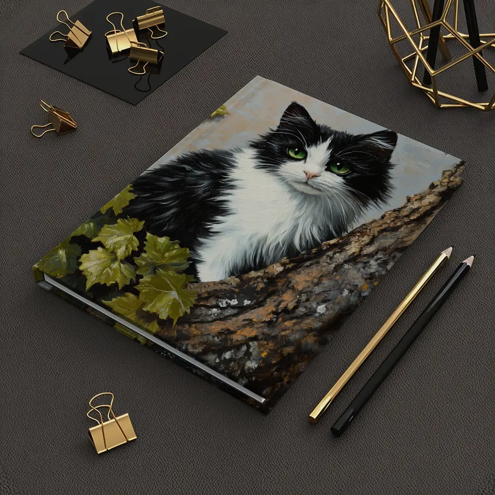 Black White Cat Green Eyes Tree Oil Painting – Notebooks