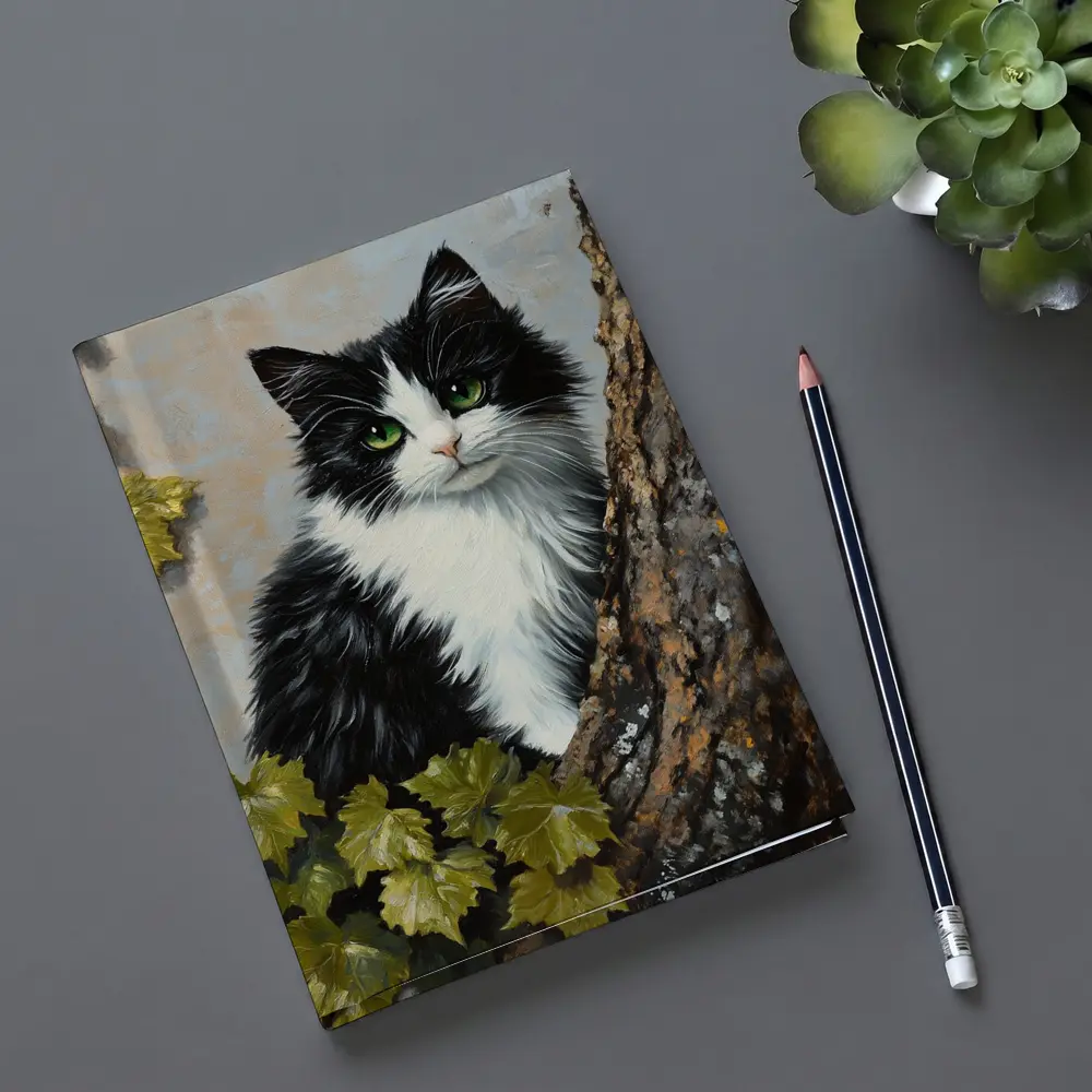 Black White Cat Green Eyes Tree Oil Painting – Notebooks