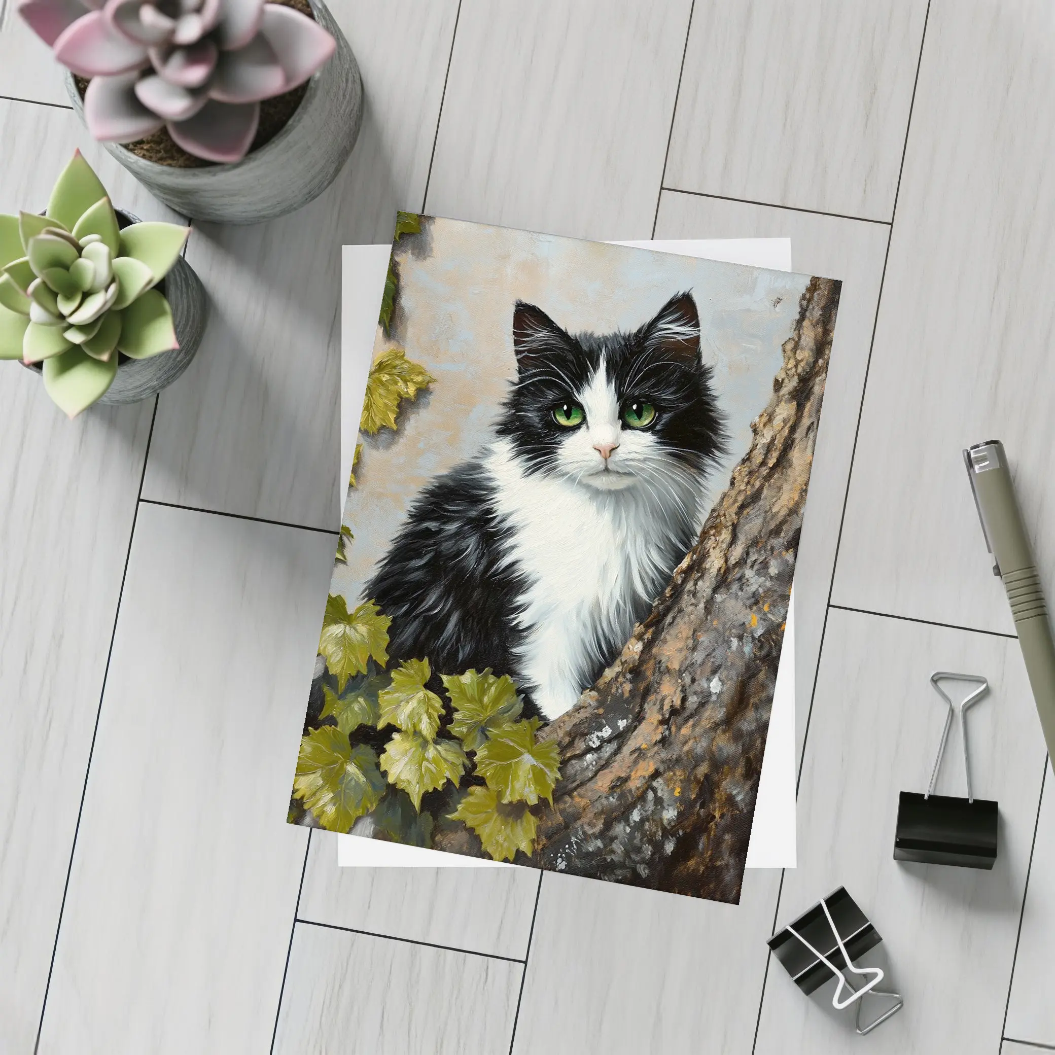 Black White Cat Green Eyes Tree Oil Painting – Postcards