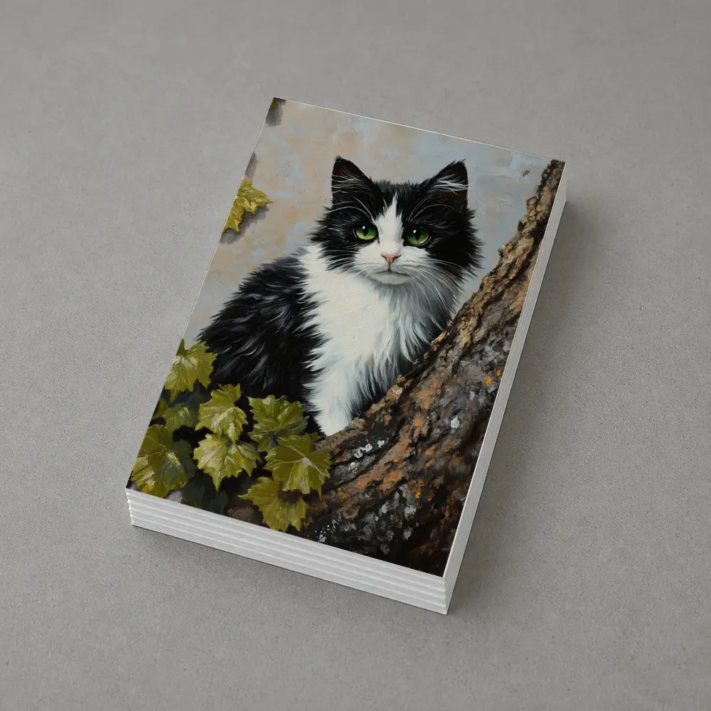 Black White Cat Green Eyes Tree Oil Painting – Postcards