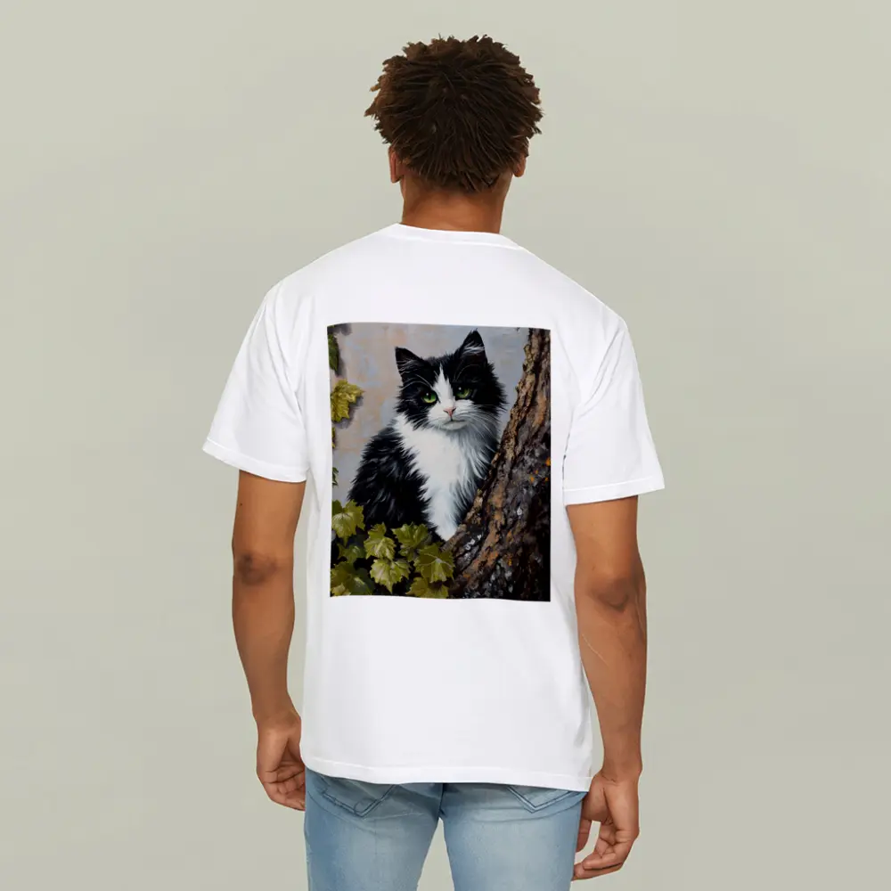 Black White Cat Green Eyes Tree Oil Painting – T-Shirts