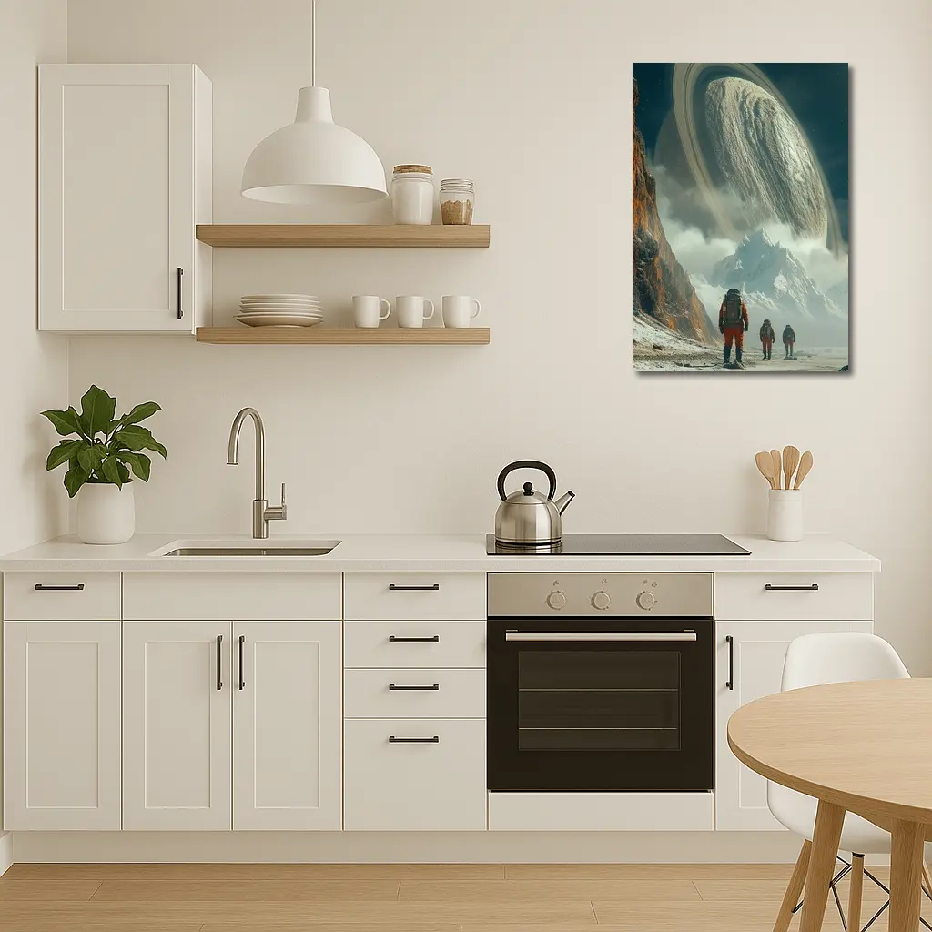 Astronauts Walking Toward Ringed Planet Surface – Wall Art