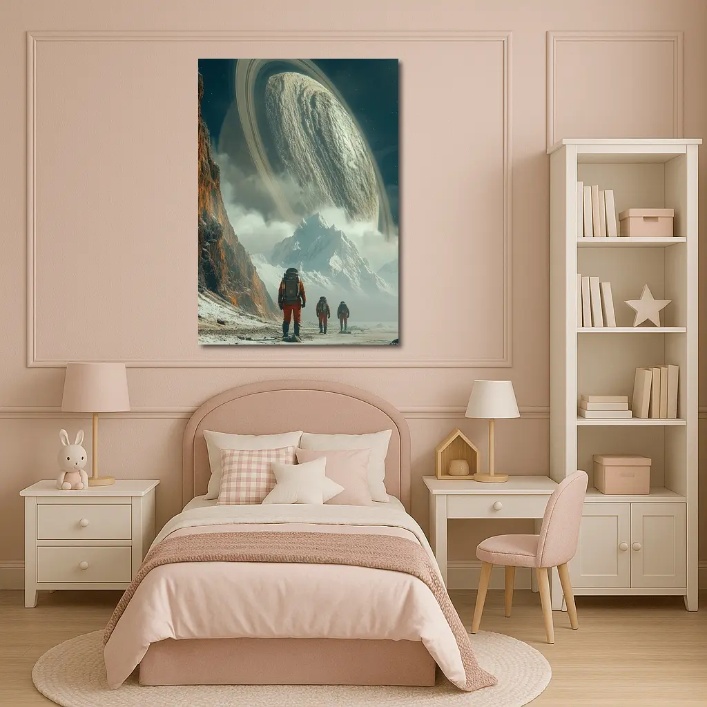 Astronauts Walking Toward Ringed Planet Surface – Wall Art