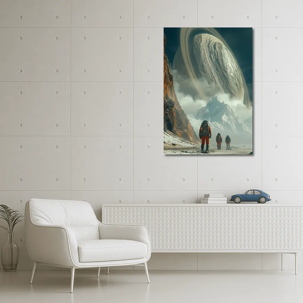 Astronauts Walking Toward Ringed Planet Surface – Wall Art