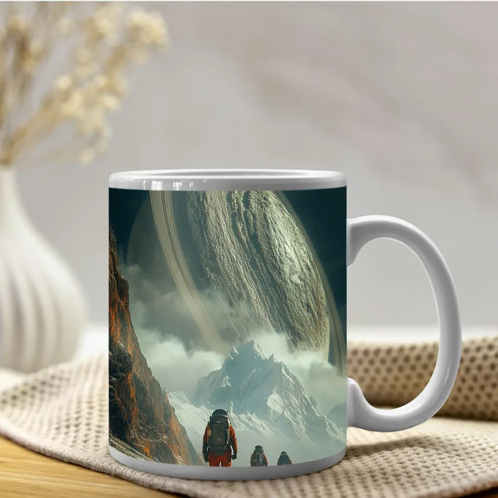 Astronauts Walking Toward Ringed Planet Surface – Mugs