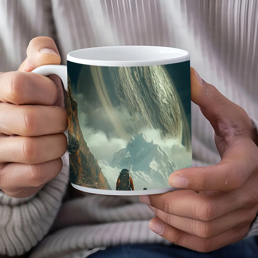 Astronauts Walking Toward Ringed Planet Surface – Mugs