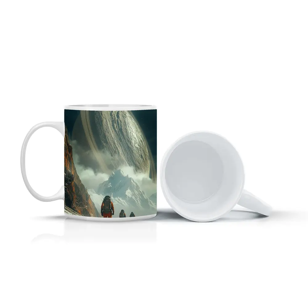 Astronauts Walking Toward Ringed Planet Surface – Mugs