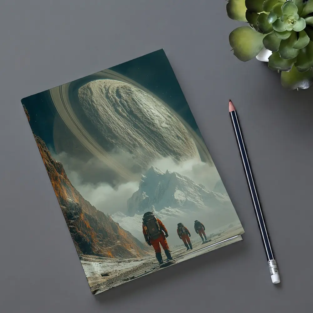 Astronauts Walking Toward Ringed Planet Surface – Notebooks