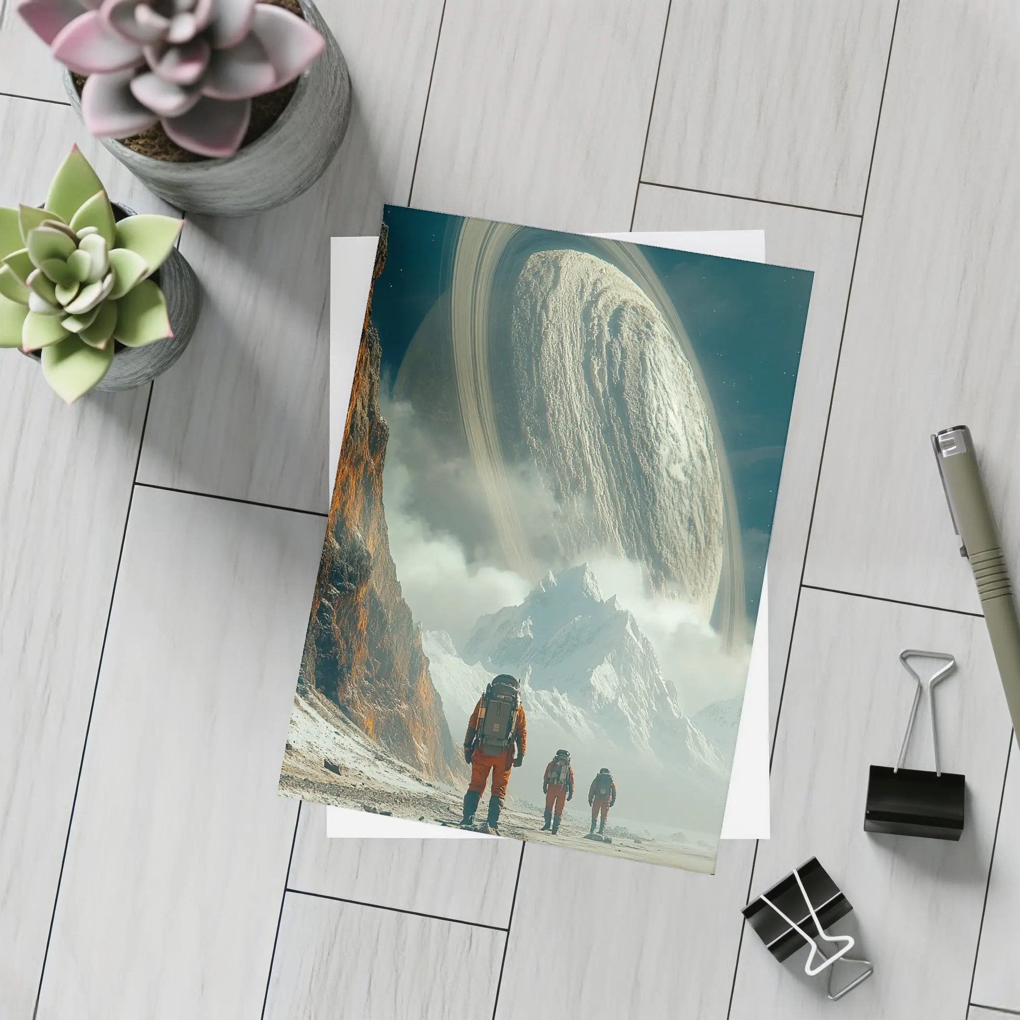 Astronauts Walking Toward Ringed Planet Surface – Postcards