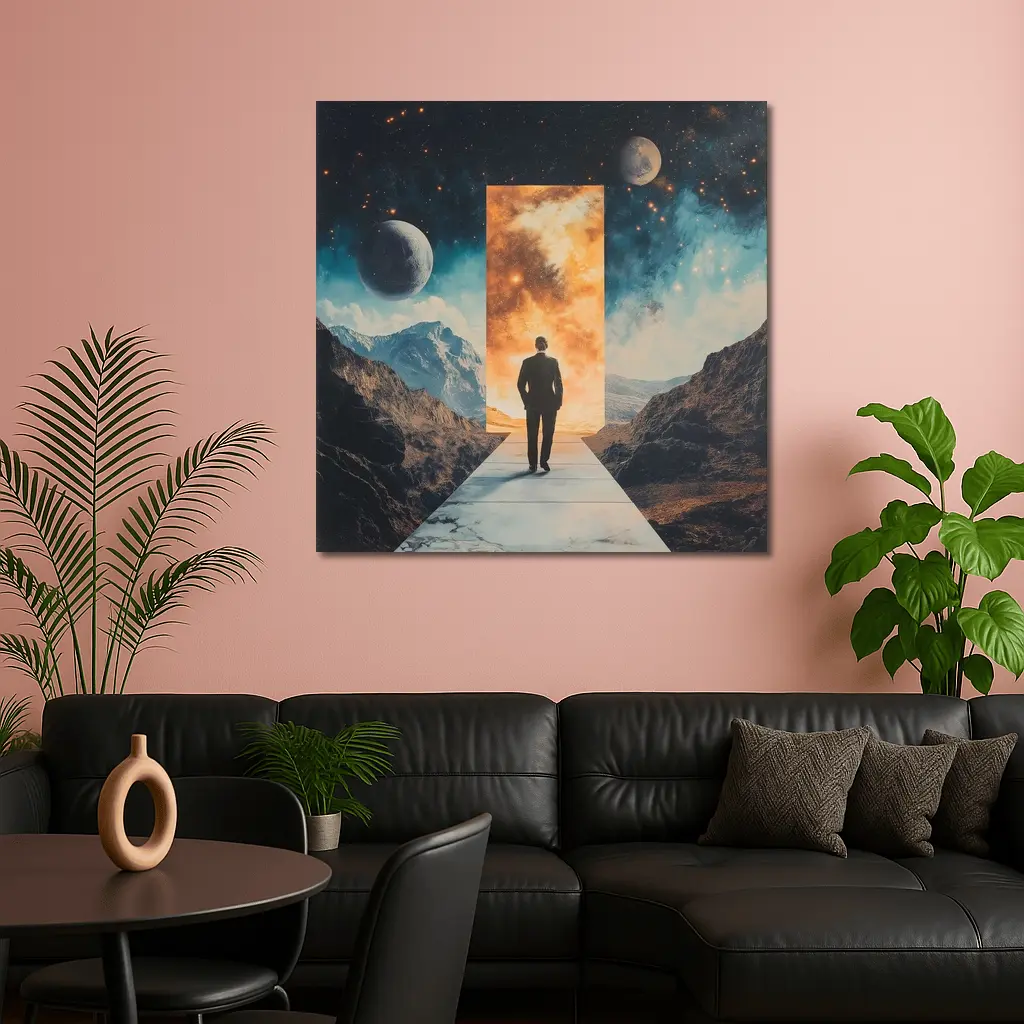 Man Walking Through Cosmic Portal Mountains – Wall Art