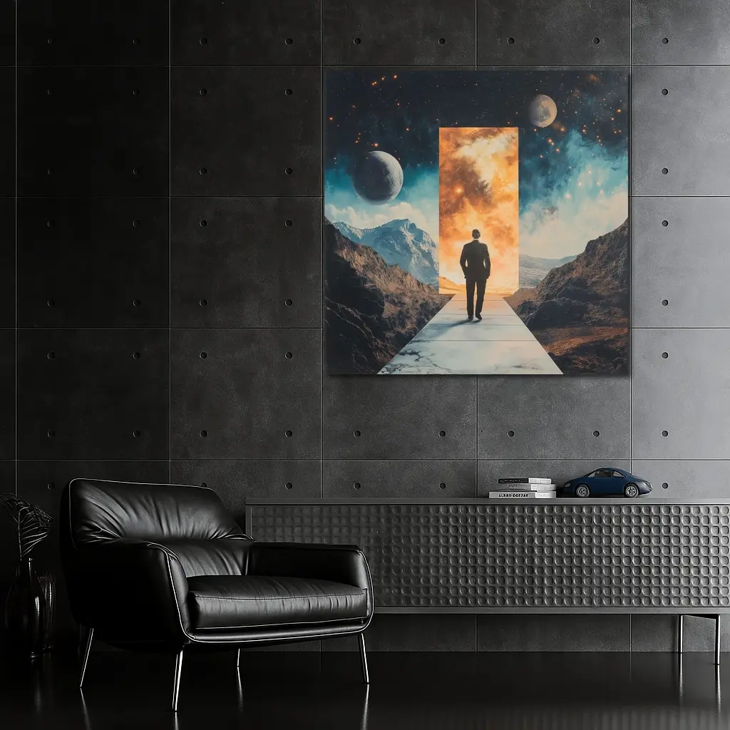 Man Walking Through Cosmic Portal Mountains – Wall Art