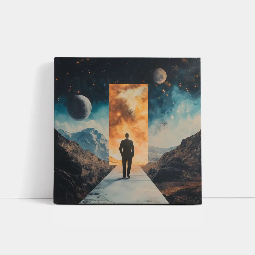 Man Walking Through Cosmic Portal Mountains – Wall Art