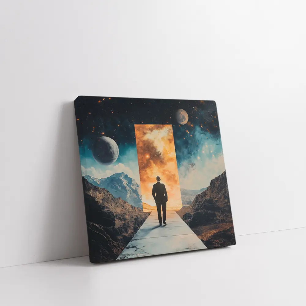 Man Walking Through Cosmic Portal Mountains – Wall Art