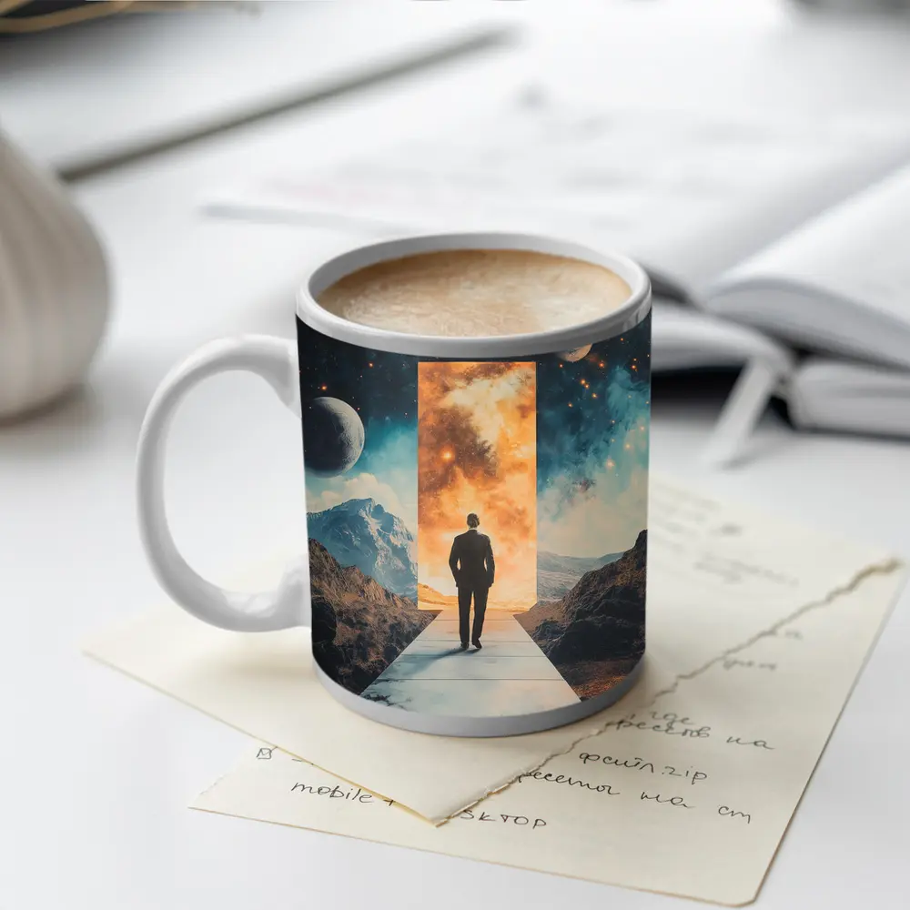 Man Walking Through Cosmic Portal Mountains – Mugs